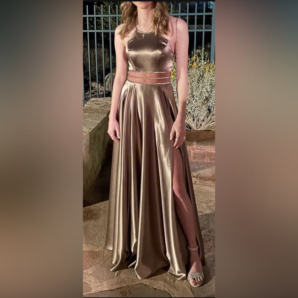 Satin Formal Prom Bridesmaid Long Dress Taupe Size 0 Backless